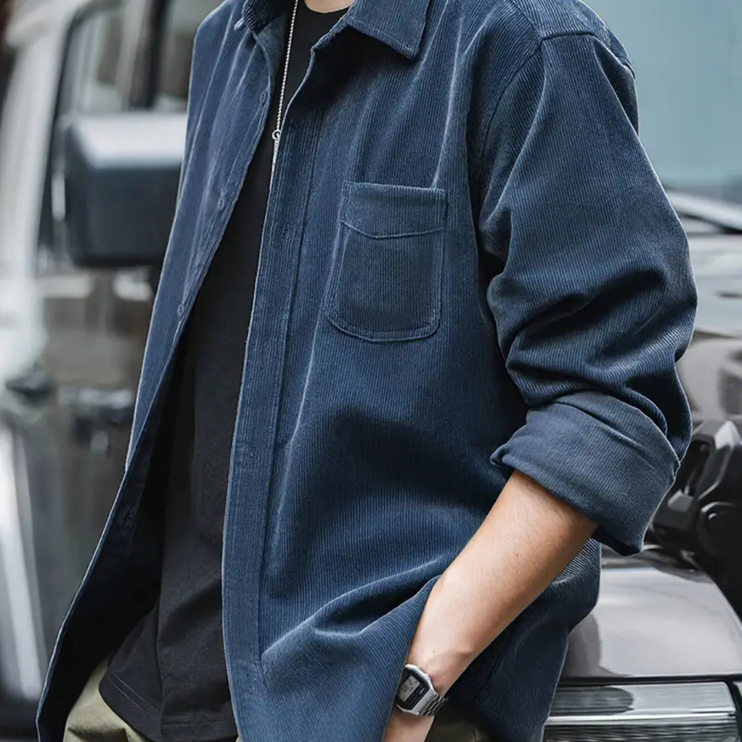 Men's Long Sleeve Corduroy Shirt with Button Front Closure and Chest Pocket