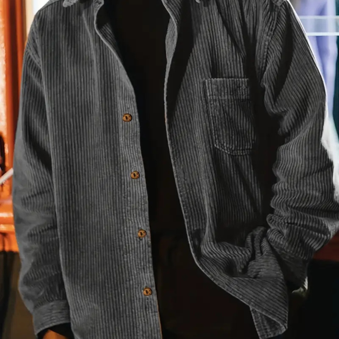 Men's Long Sleeve Corduroy Shirt with Button Front Closure and Chest Pocket