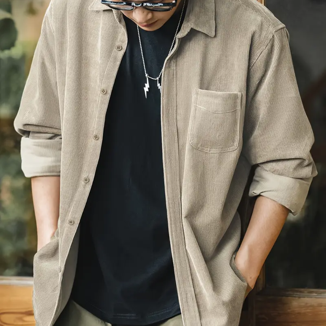 Men's Long Sleeve Corduroy Shirt with Button Front Closure and Chest Pocket