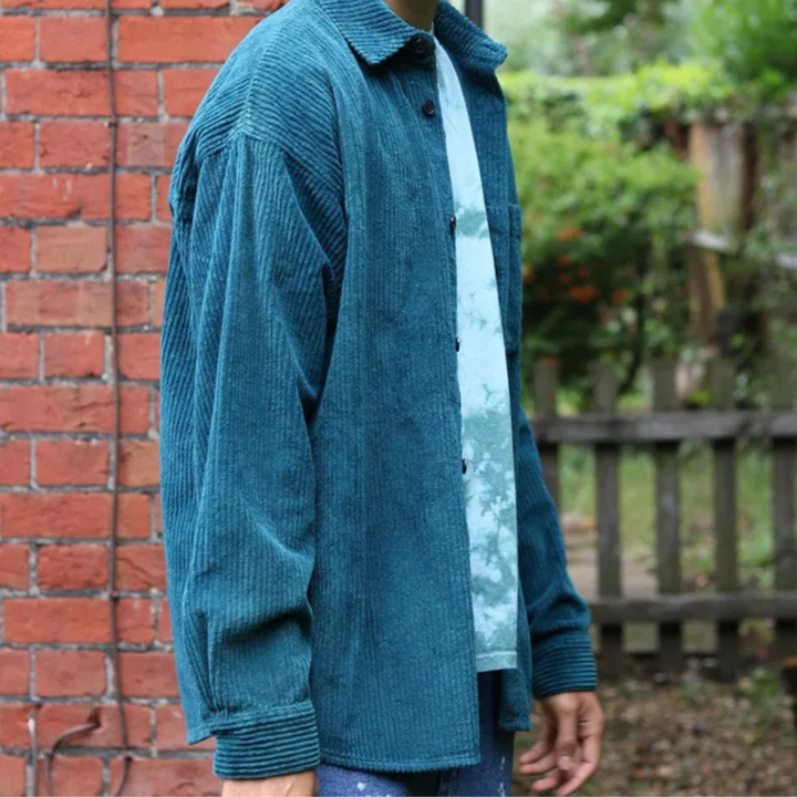 Men's Long Sleeve Corduroy Shirt with Button Front Closure and Chest Pocket