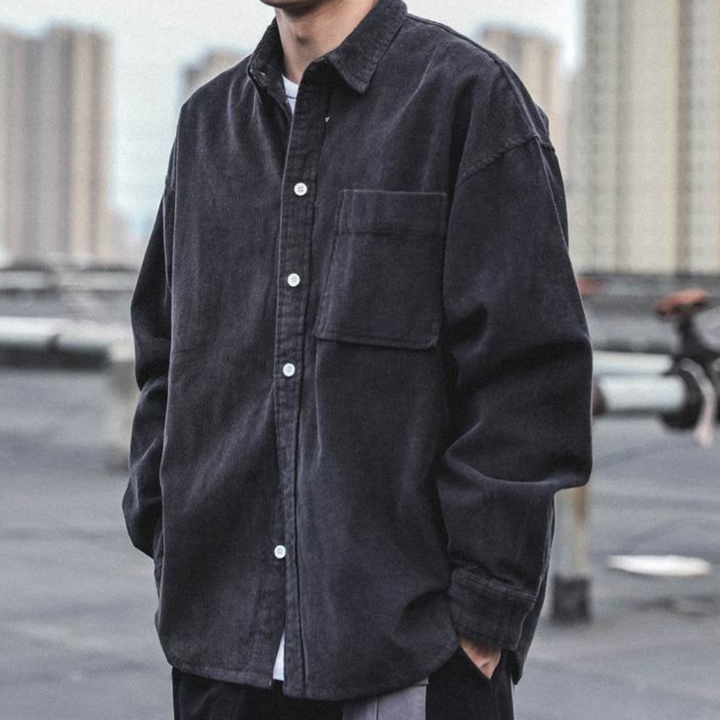 Men's Long Sleeve Corduroy Shirt with Button Front Closure and Chest Pocket