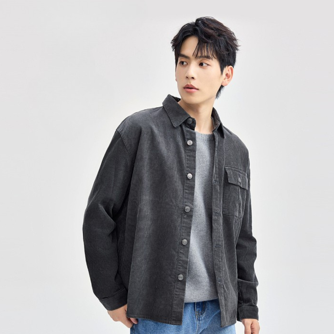 Men's Long Sleeve Corduroy Shirt with Button Front Closure and Chest Pocket
