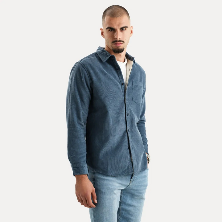 Men's Long Sleeve Corduroy Shirt with Button Front and Chest Pocket