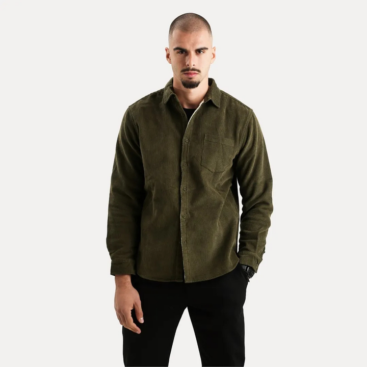 Men's Long Sleeve Corduroy Shirt with Button Front and Chest Pocket