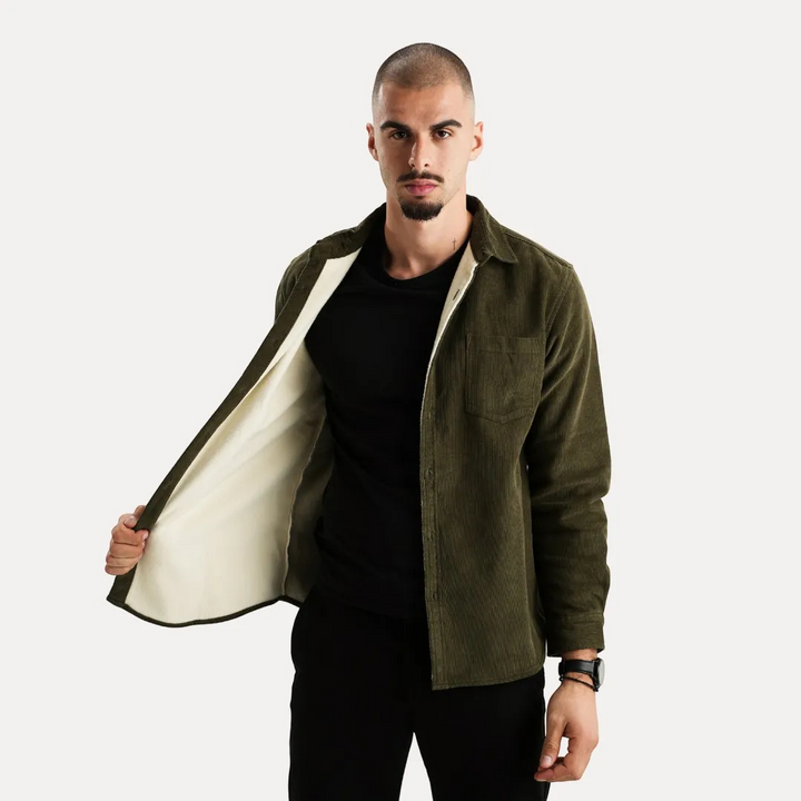 Men's Long Sleeve Corduroy Shirt with Button Front and Chest Pocket