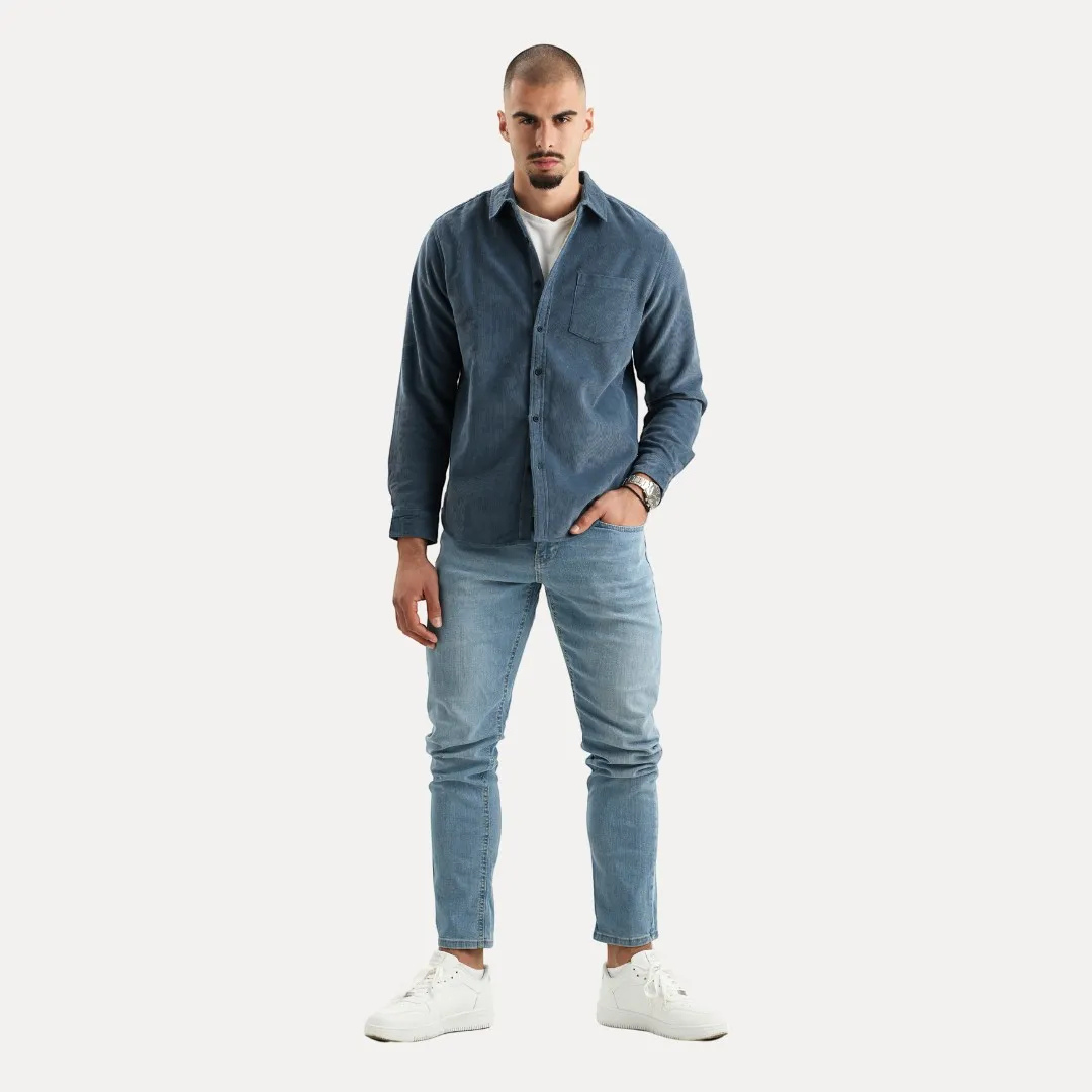 Men's Long Sleeve Corduroy Shirt with Button Front and Chest Pocket