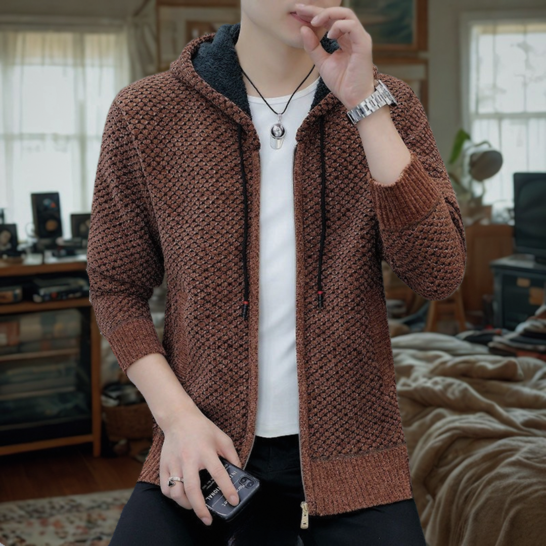 Men's Longline Hooded Cardigan with Zip Front Closure and Fleece Lining