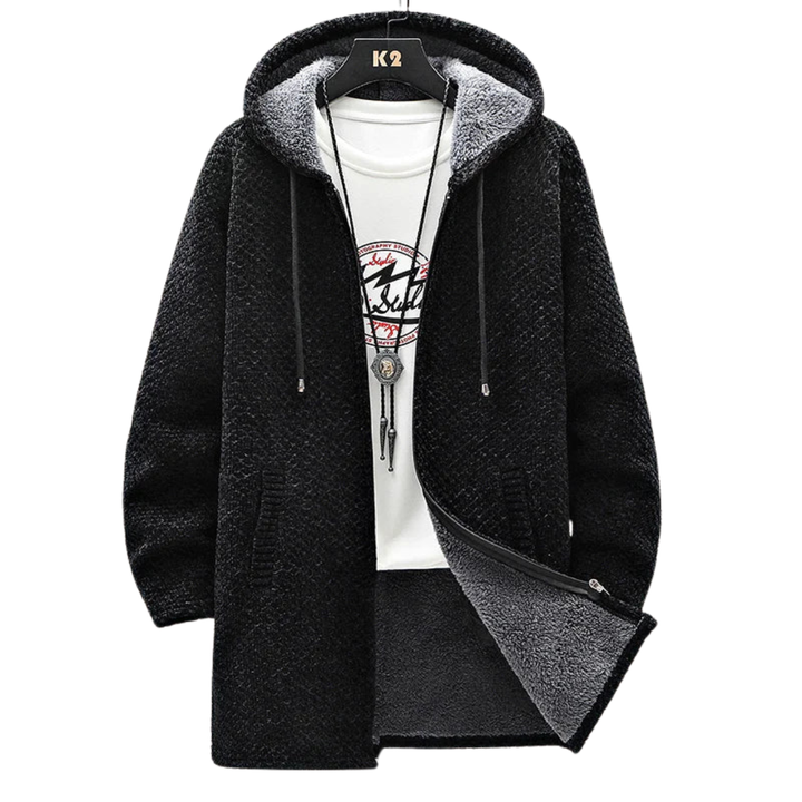 Men's Longline Hooded Cardigan with Zip Front Closure and Fleece Lining