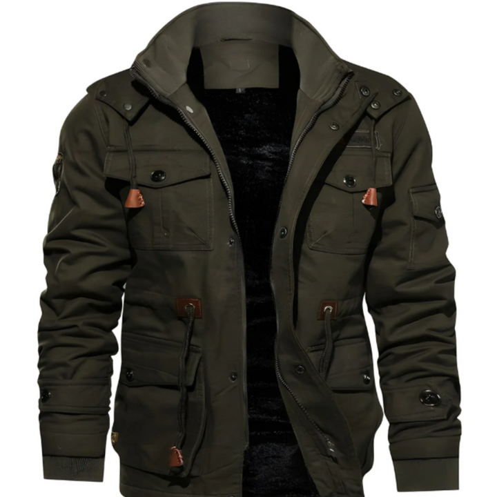 Men's Military Field Jacket with Multiple Cargo Pockets and Stand Collar