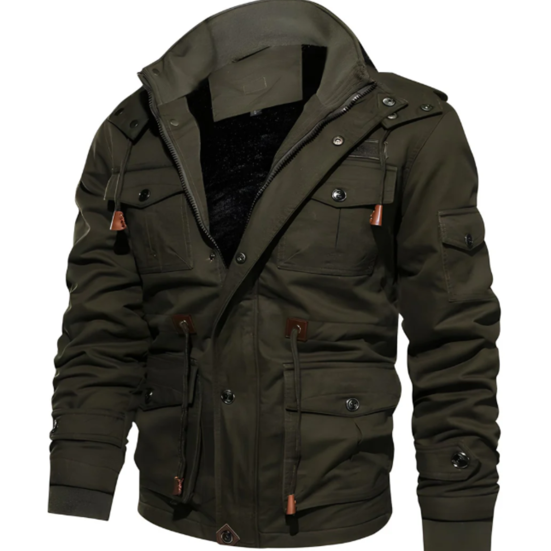 Men's Military Field Jacket with Multiple Cargo Pockets and Stand Collar