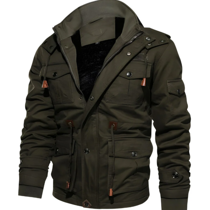 Men's Military Field Jacket with Multiple Cargo Pockets and Stand Collar