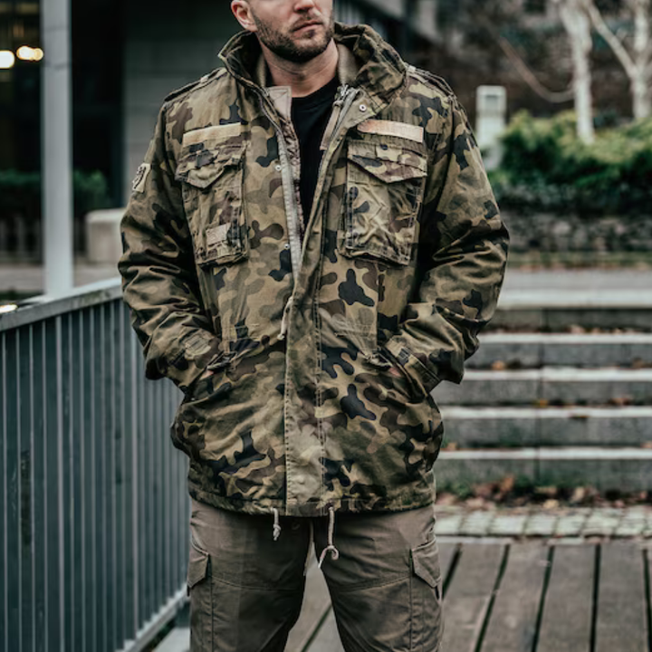 Men's Military Style Jacket with Button Front Closure and Multiple Pockets