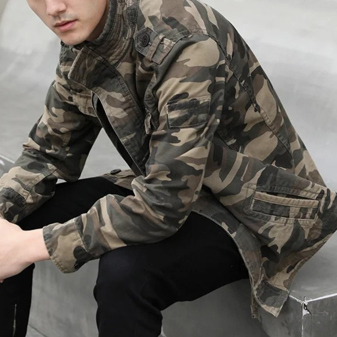 Men's Military Style Jacket with Button Front Closure and Multiple Pockets