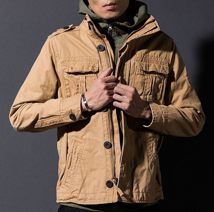 Men's Military Style Jacket with Button Front Closure and Multiple Pockets