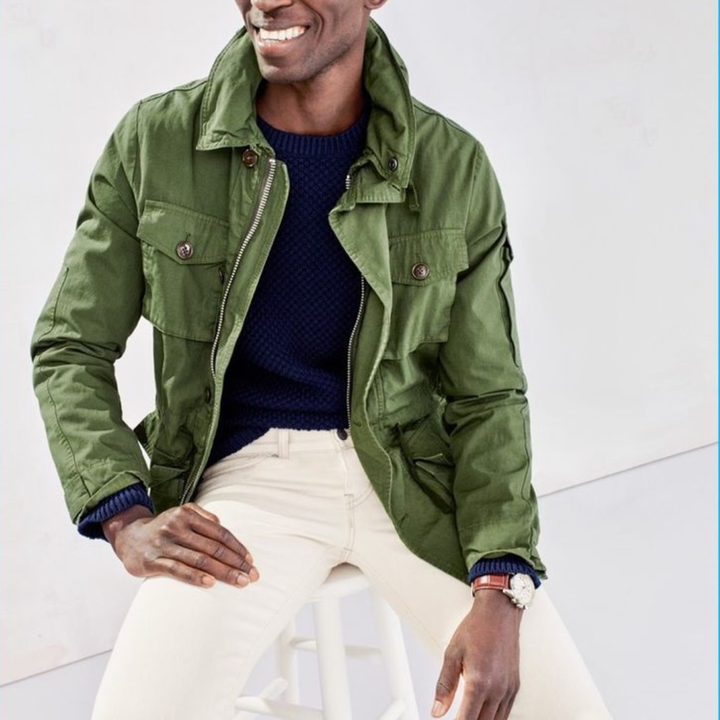 Men's Military Style Jacket with Button Front Closure and Multiple Pockets