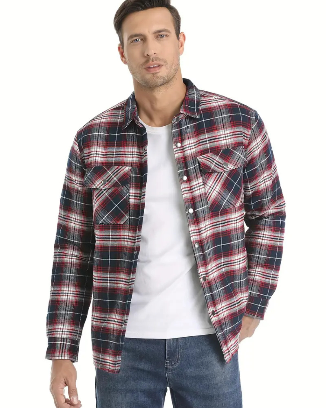 Men's Plaid Shirt Jacket with Button Front and Chest Pockets