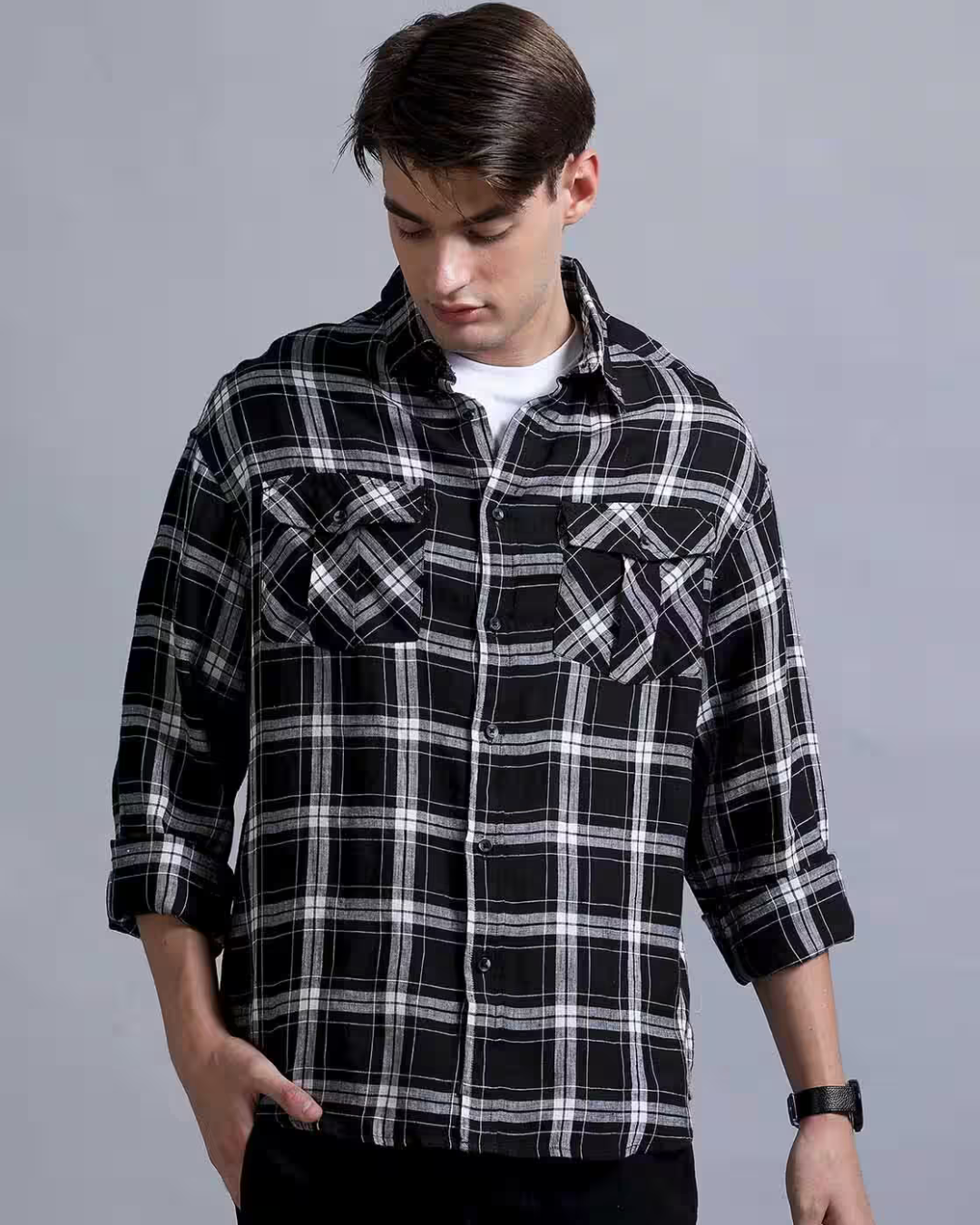 Men's Plaid Shirt Jacket with Button Front and Chest Pockets