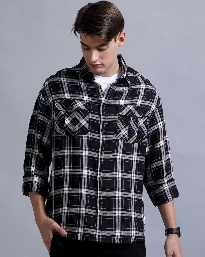 Men's Plaid Shirt Jacket with Button Front and Chest Pockets