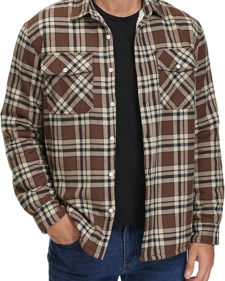 Men's Plaid Shirt Jacket with Button Front and Chest Pockets
