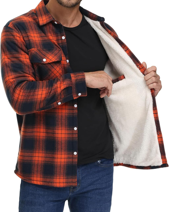 Men's Plaid Shirt Jacket with Button Front and Chest Pockets