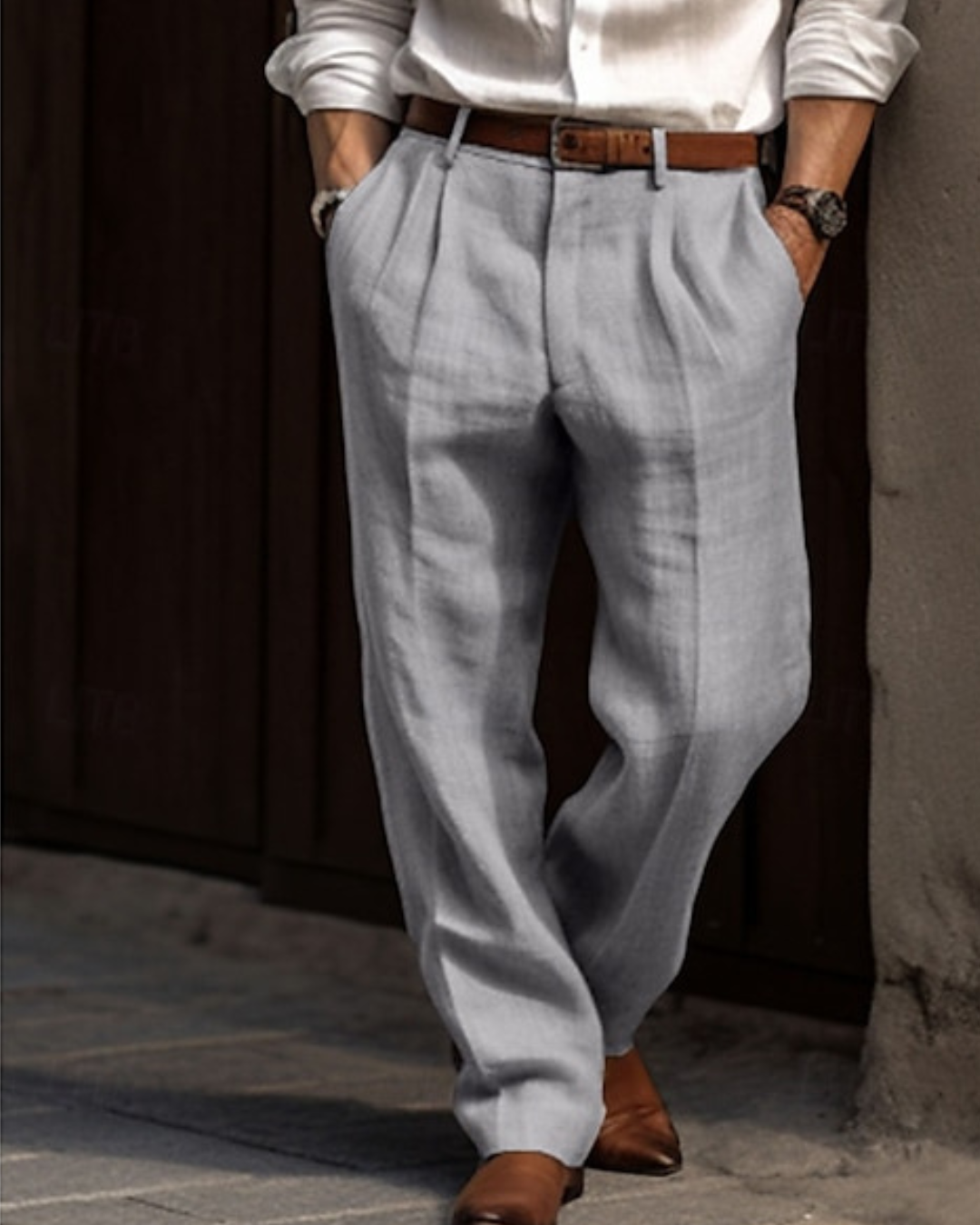Men's Pleated Dress Trousers with High Waist and Straight Leg