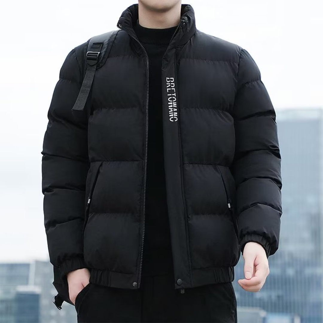 Men's Puffer Jacket with Ribbed Cuffs and Horizontal Quilted Panels