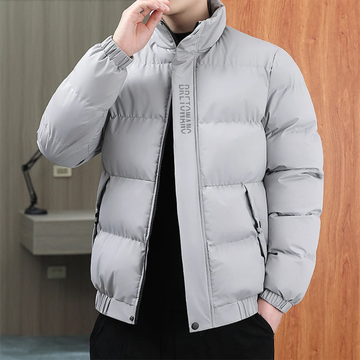 Men's Puffer Jacket with Ribbed Cuffs and Horizontal Quilted Panels