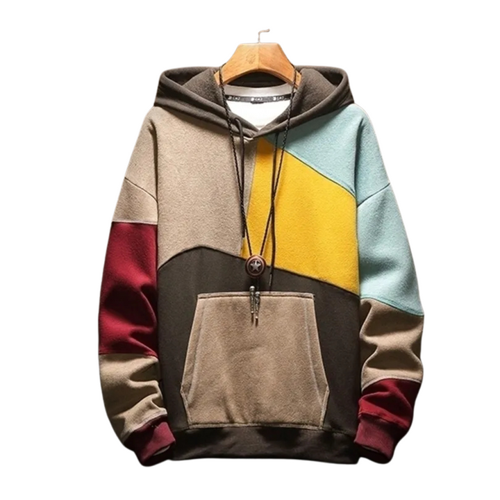 Men's Pullover Hoodie with Multi-Color Block Design and Kangaroo Pocket