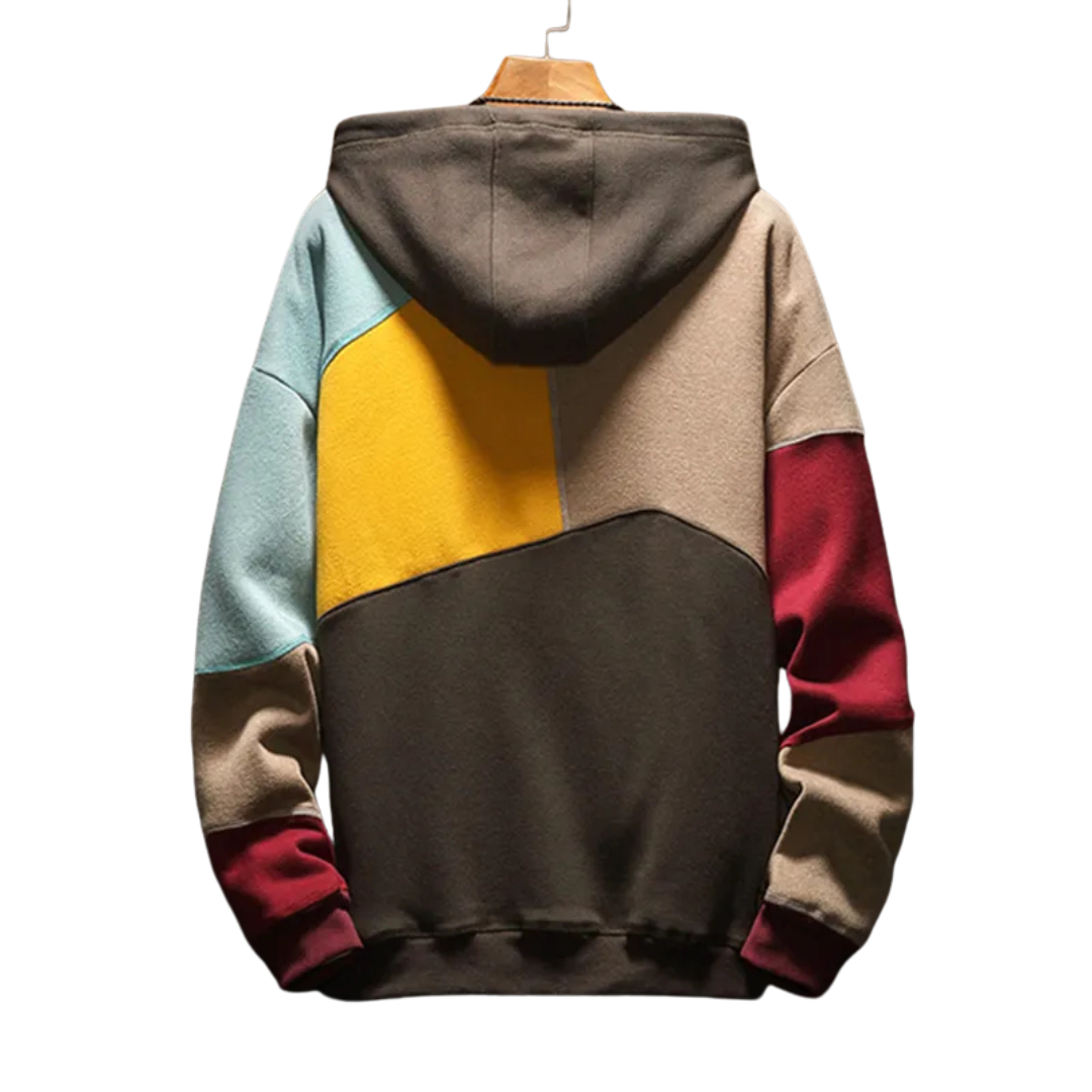 Men's Pullover Hoodie with Multi-Color Block Design and Kangaroo Pocket