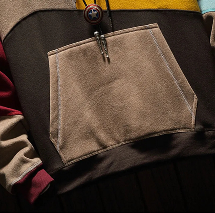 Men's Pullover Hoodie with Multi-Color Block Design and Kangaroo Pocket