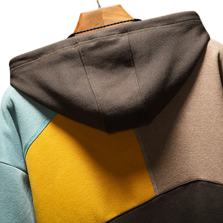Men's Pullover Hoodie with Multi-Color Block Design and Kangaroo Pocket