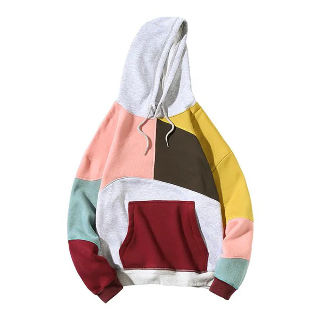 Men's Pullover Hoodie with Multi-Color Block Design and Kangaroo Pocket