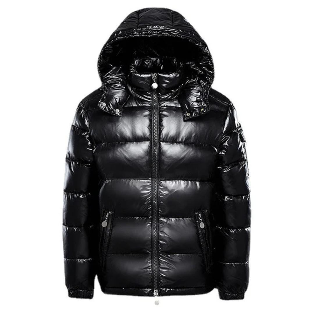Men's Quilted Puffer Jacket with Attached Hood and Zip Closure