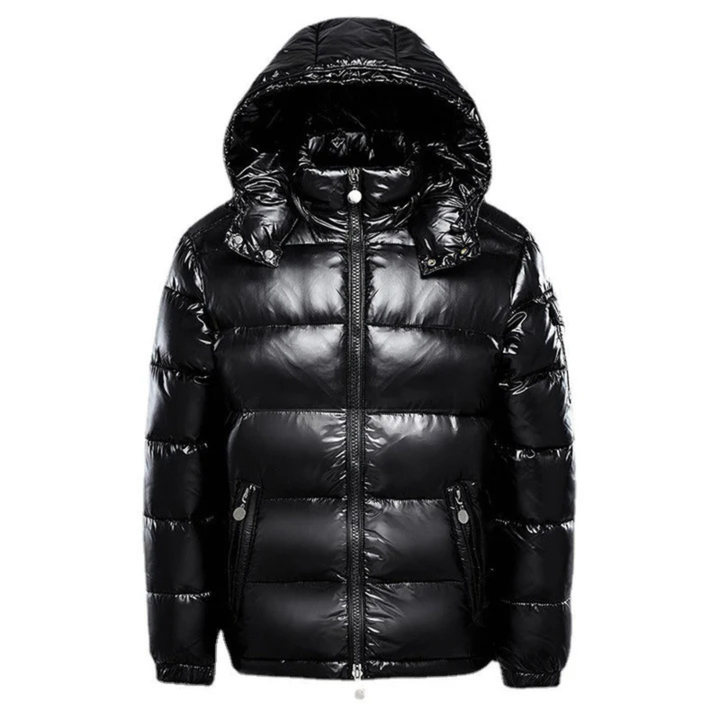 Men's Quilted Puffer Jacket with Attached Hood and Zip Closure