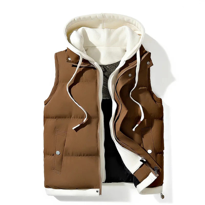 Men's Quilted Puffer Vest with Attached Hood and Zip Front Closure