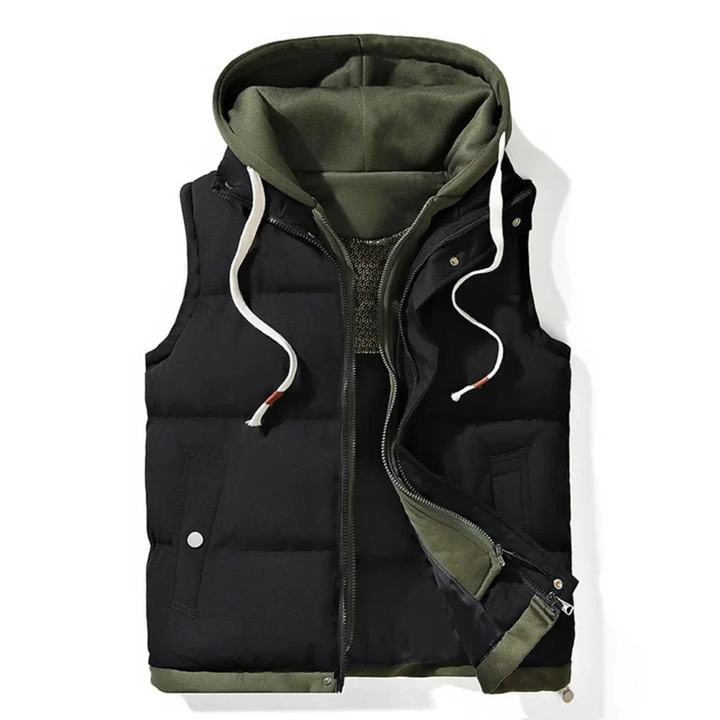 Men's Quilted Puffer Vest with Attached Hood and Zip Front Closure
