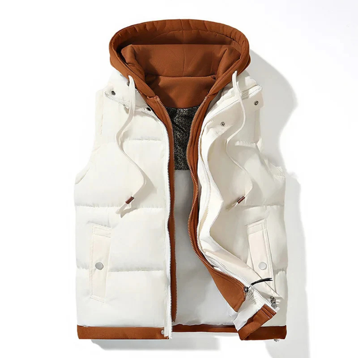 Men's Quilted Puffer Vest with Attached Hood and Zip Front Closure