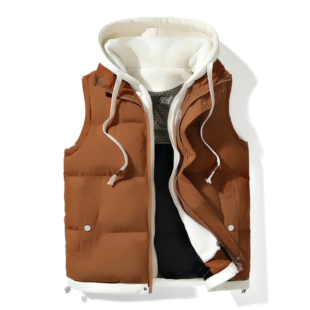 Men's Quilted Puffer Vest with Attached Hood and Zip Front Closure