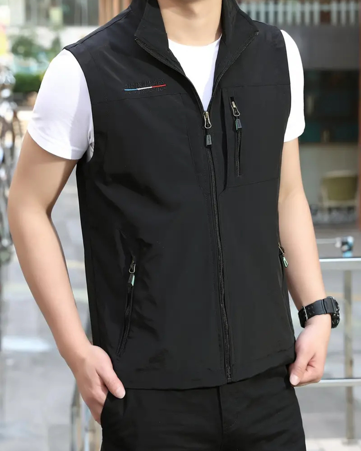 Men's Sleeveless Vest with Stand Collar and Multiple Zip Pockets