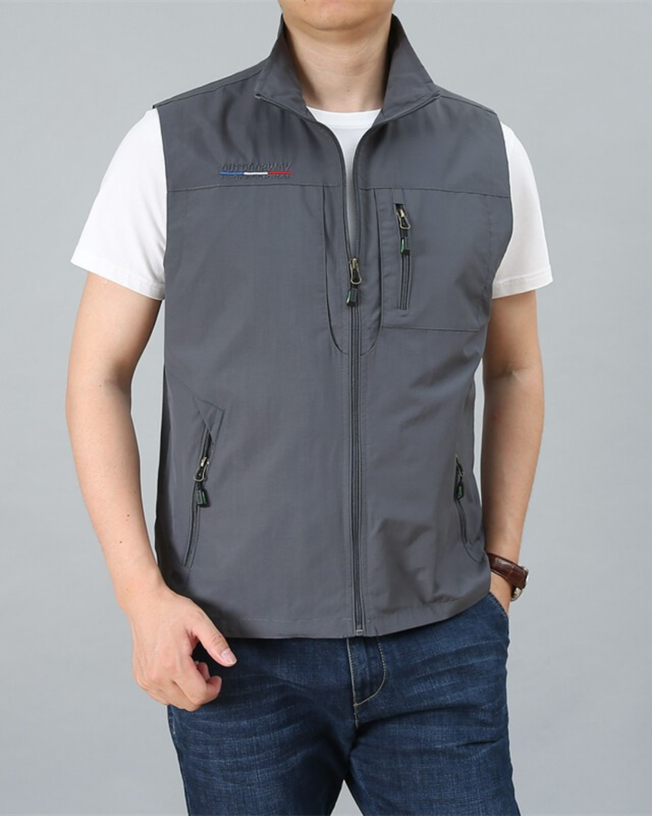 Men's Sleeveless Vest with Stand Collar and Multiple Zip Pockets