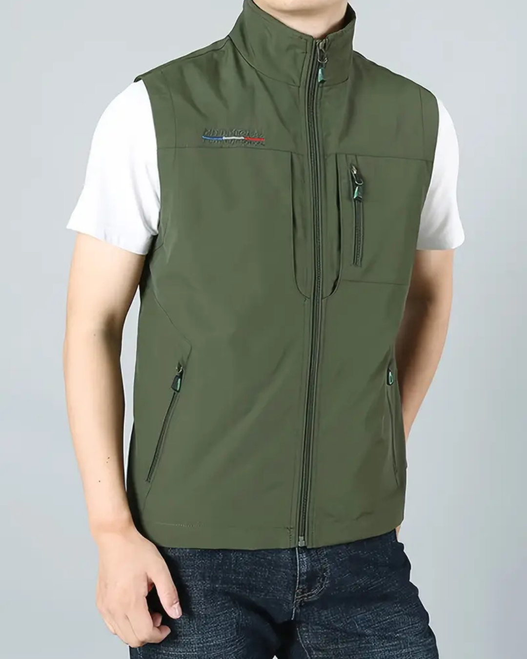 Men's Sleeveless Vest with Stand Collar and Multiple Zip Pockets