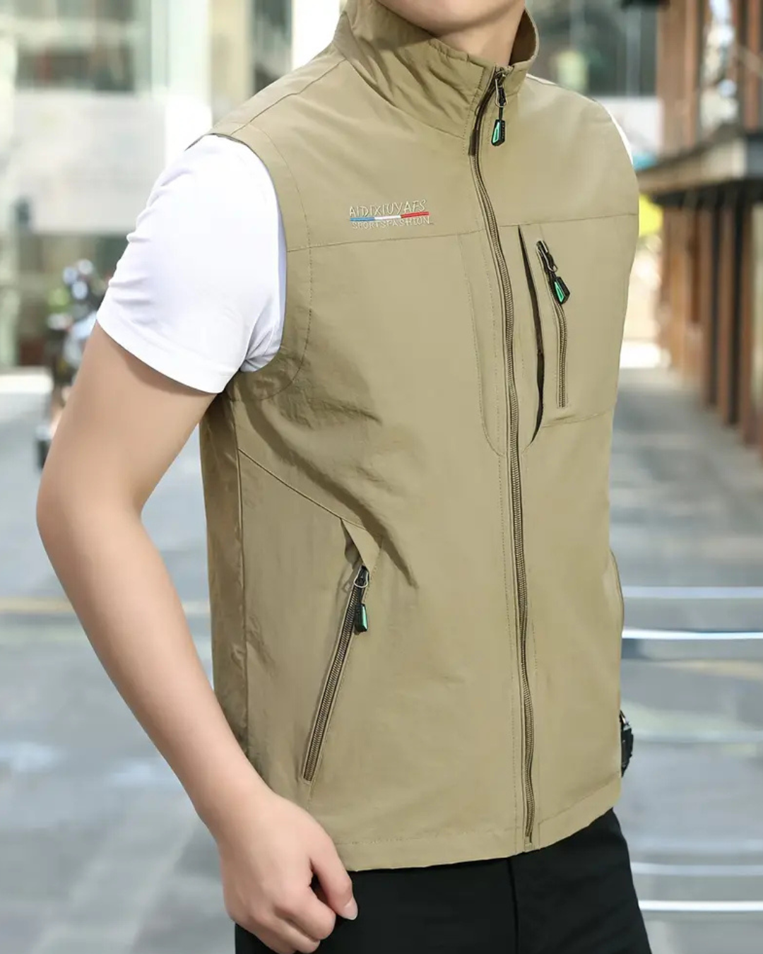 Men's Sleeveless Vest with Stand Collar and Multiple Zip Pockets