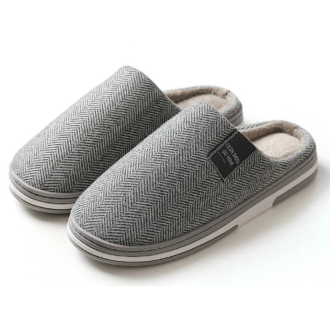 Men's Slip-On Slippers with Herringbone Pattern Upper and Rubber Outsole