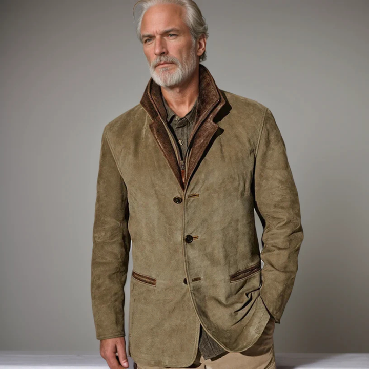 Men's Suede Jacket with Contrast Trim and Button Front Closure