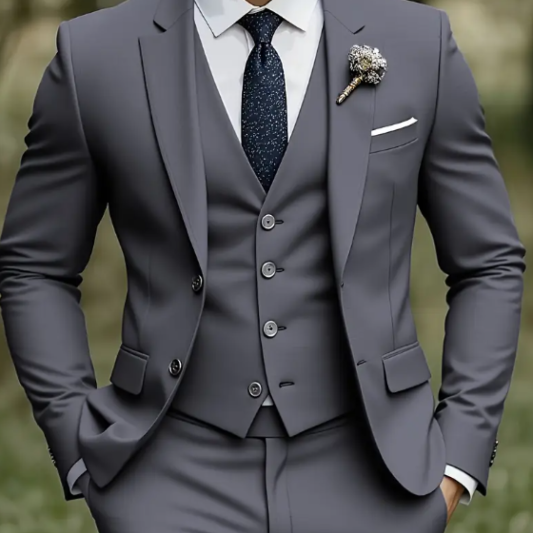Men's Three Piece Suit with Notch Lapel Blazer and Vest