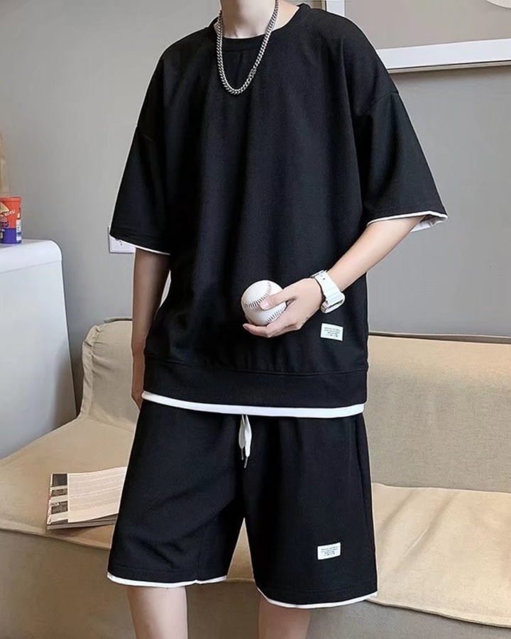 Men's Two Piece Set with Short Sleeve Top and Drawstring Shorts