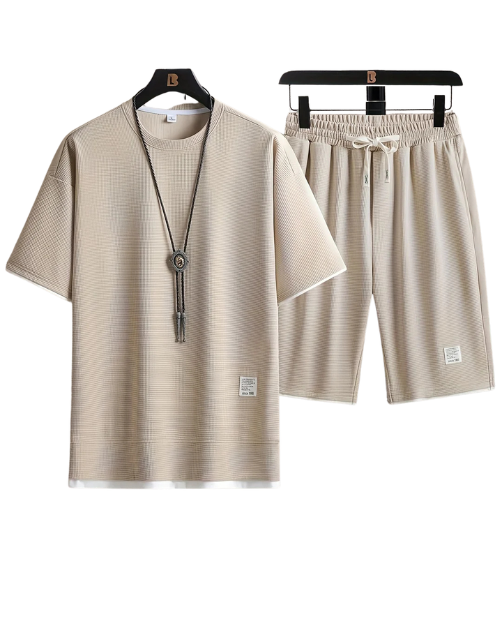 Men's Two Piece Set with Short Sleeve Top and Drawstring Shorts