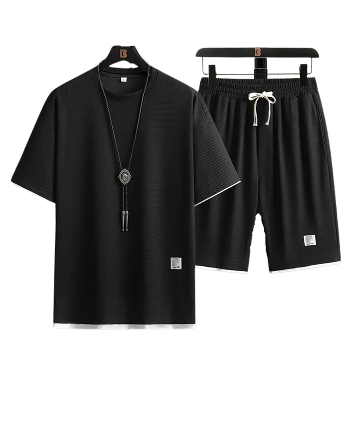 Men's Two Piece Set with Short Sleeve Top and Drawstring Shorts