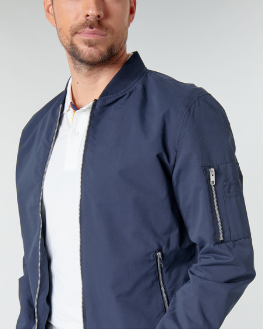Men's Bomber Jacket with Ribbed Collar and Zip Front Closure