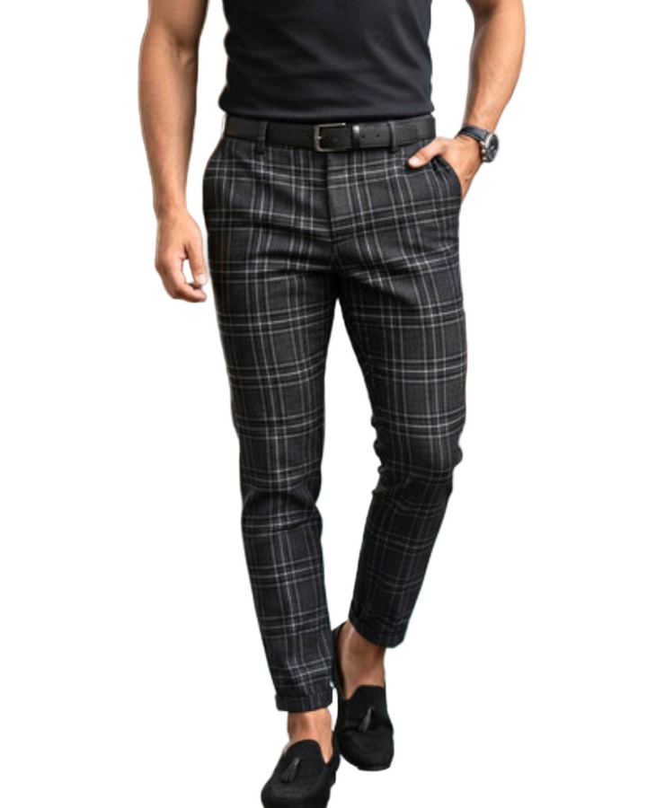 Men's Check Pattern Pants with Button Closure and Side Pockets